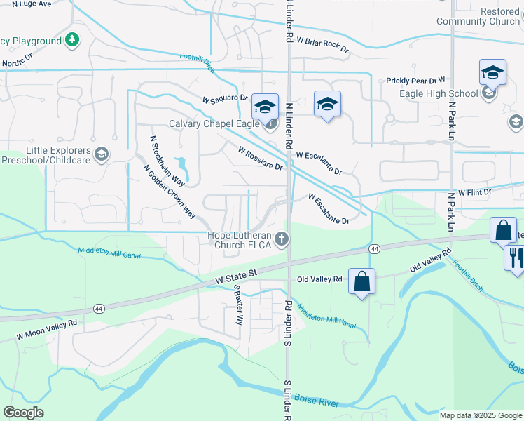 map of restaurants, bars, coffee shops, grocery stores, and more near 550 North Racing Water Place in Eagle