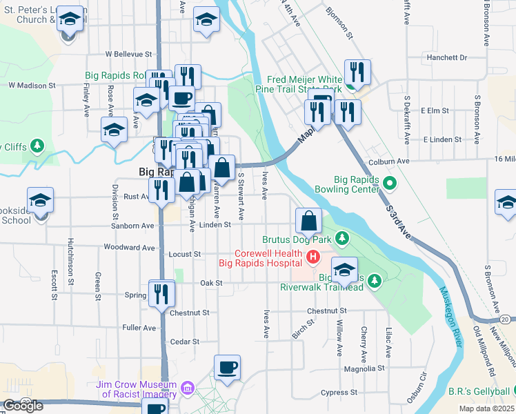 map of restaurants, bars, coffee shops, grocery stores, and more near 400 Elm Street in Big Rapids