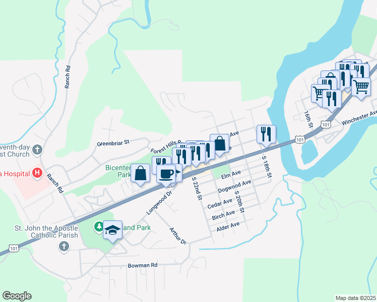map of restaurants, bars, coffee shops, grocery stores, and more near 2192 Greenwood Avenue in Reedsport