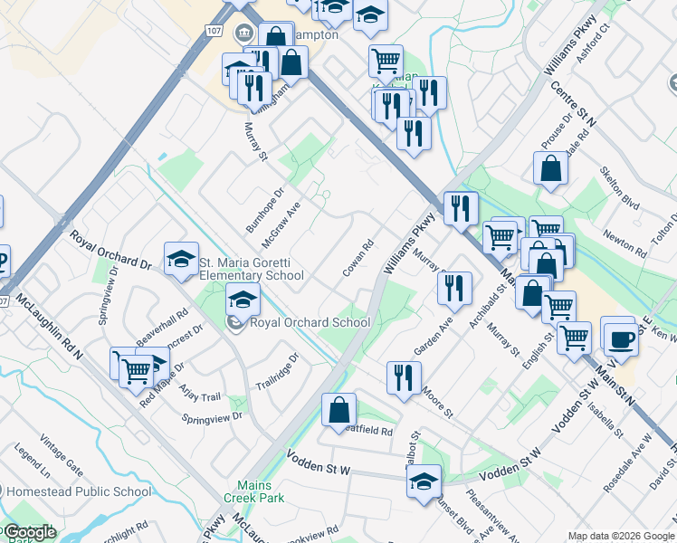 map of restaurants, bars, coffee shops, grocery stores, and more near 52 Cowan Road in Brampton