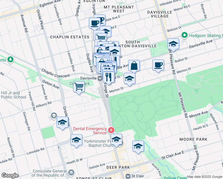 map of restaurants, bars, coffee shops, grocery stores, and more near 18 Merton Street in Toronto