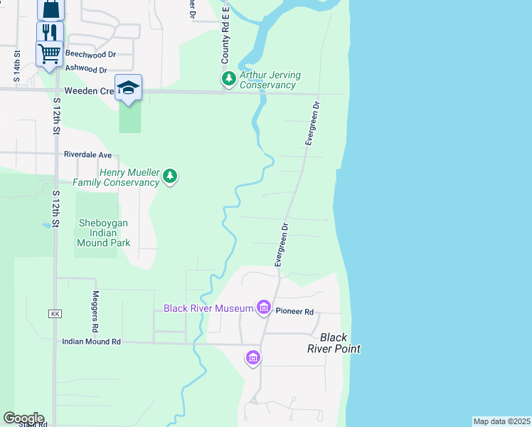 map of restaurants, bars, coffee shops, grocery stores, and more near 428 Juniper Dr in Sheboygan