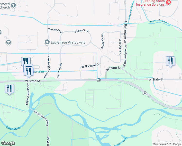 map of restaurants, bars, coffee shops, grocery stores, and more near 2500 West State Street in Eagle