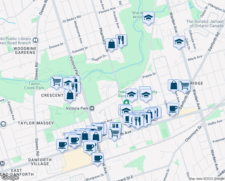 map of restaurants, bars, coffee shops, grocery stores, and more near in Toronto