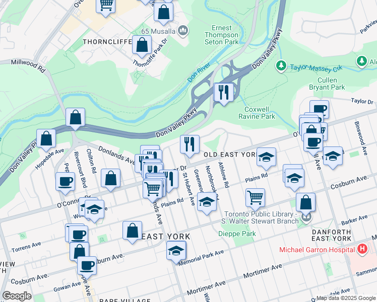 map of restaurants, bars, coffee shops, grocery stores, and more near in Toronto