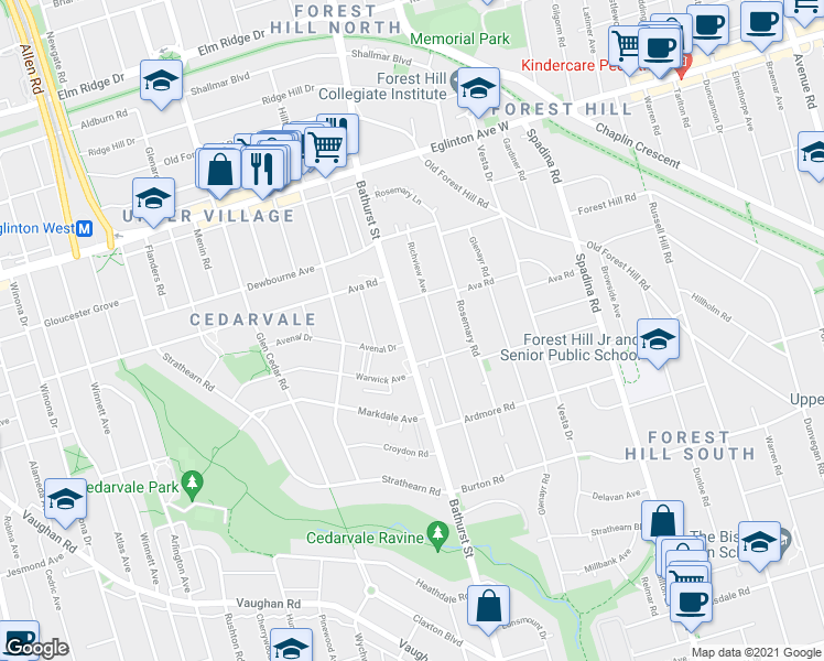 map of restaurants, bars, coffee shops, grocery stores, and more near in Toronto