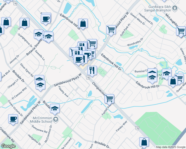 map of restaurants, bars, coffee shops, grocery stores, and more near 39 Heartleaf Crescent in Brampton