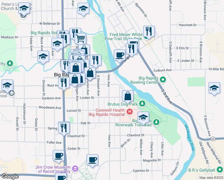 map of restaurants, bars, coffee shops, grocery stores, and more near 400 Elm Street in Big Rapids