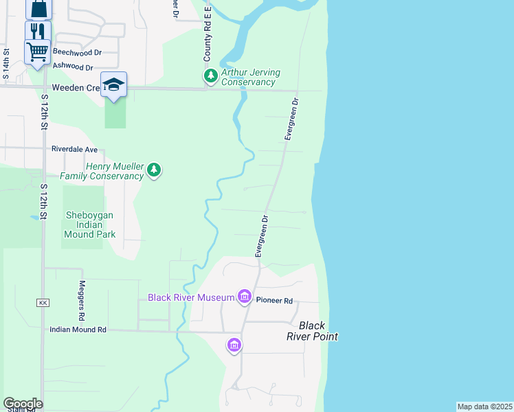 map of restaurants, bars, coffee shops, grocery stores, and more near 428 Juniper Drive in Sheboygan