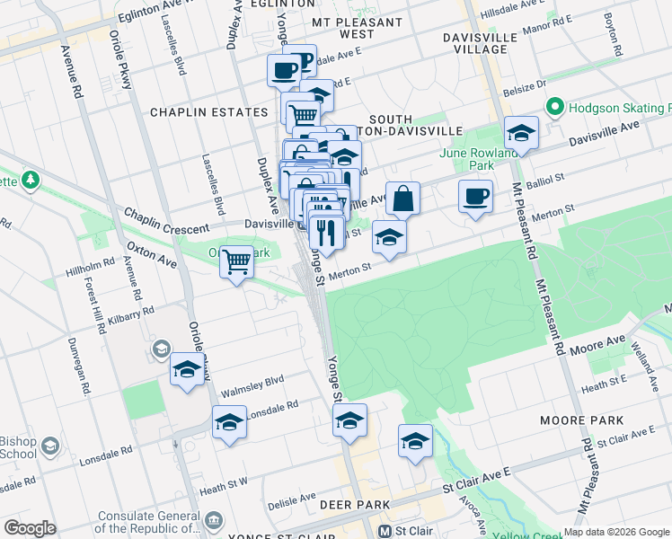 map of restaurants, bars, coffee shops, grocery stores, and more near 18 Merton Street in Toronto