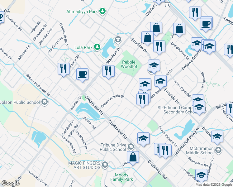 map of restaurants, bars, coffee shops, grocery stores, and more near 97 Crown Victoria Drive in Brampton