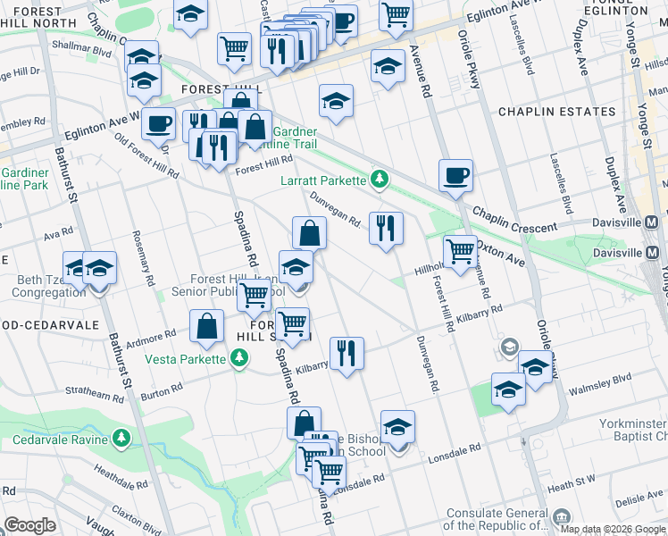 map of restaurants, bars, coffee shops, grocery stores, and more near in Toronto