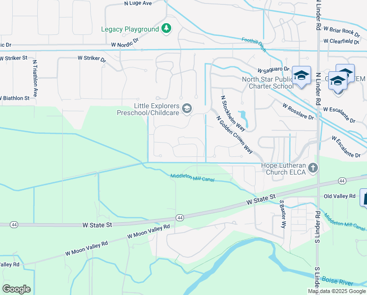 map of restaurants, bars, coffee shops, grocery stores, and more near 5755 Combermere Drive in Eagle