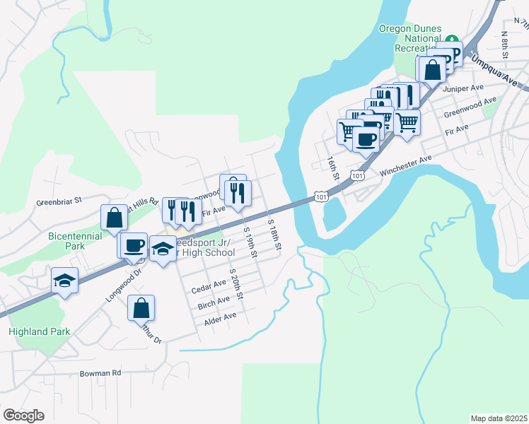 map of restaurants, bars, coffee shops, grocery stores, and more near 1815 Oregon Coast Highway in Reedsport