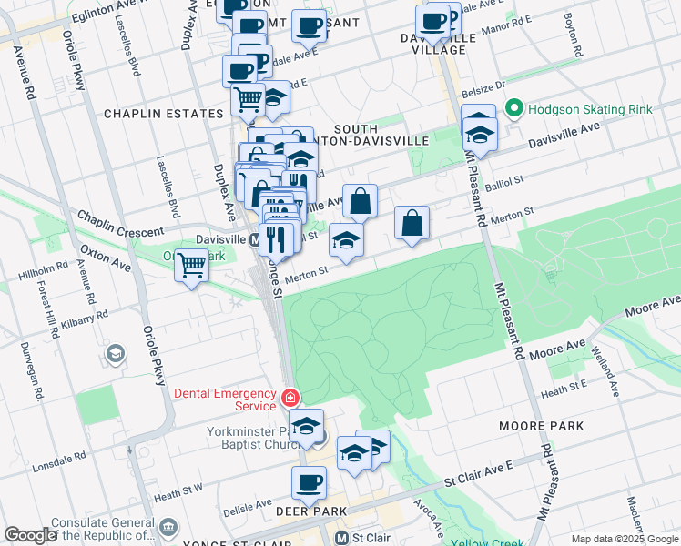 map of restaurants, bars, coffee shops, grocery stores, and more near 111 Merton Street in Toronto