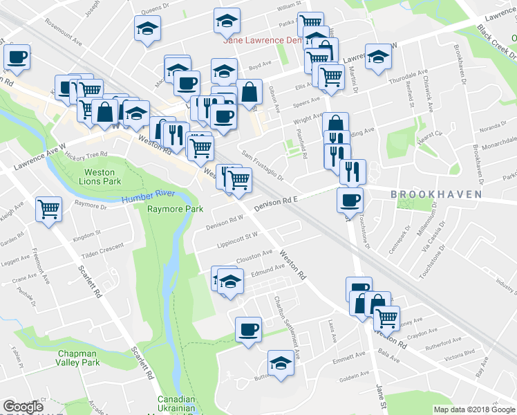 map of restaurants, bars, coffee shops, grocery stores, and more near 6 Denison Road East in Toronto