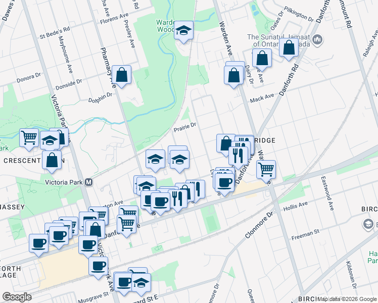 map of restaurants, bars, coffee shops, grocery stores, and more near 102 Robinson Avenue in Toronto