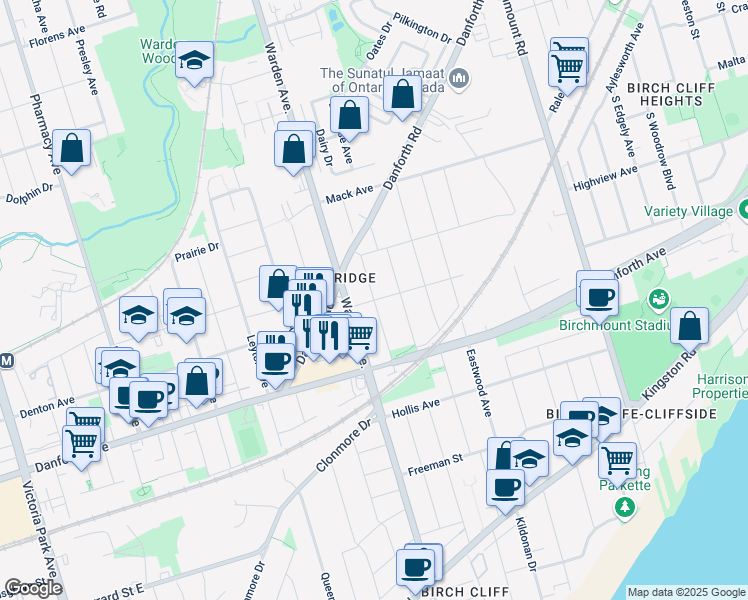 map of restaurants, bars, coffee shops, grocery stores, and more near Scotia Avenue in Toronto