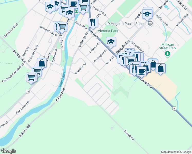 map of restaurants, bars, coffee shops, grocery stores, and more near 470 Elora Street in Fergus