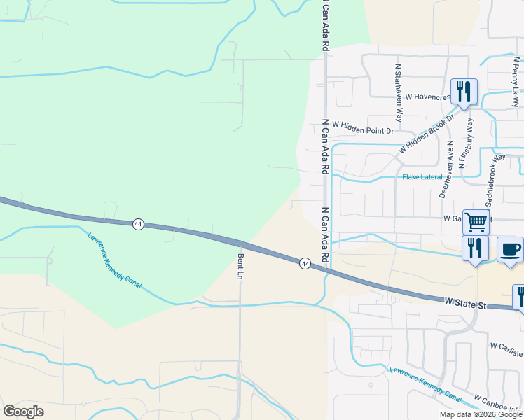map of restaurants, bars, coffee shops, grocery stores, and more near 22289 North Can-Ada Road in Star