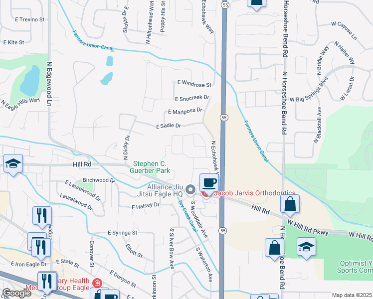 map of restaurants, bars, coffee shops, grocery stores, and more near 152 North Falling Water Avenue in Eagle