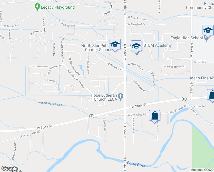 map of restaurants, bars, coffee shops, grocery stores, and more near 522 North Baxter Way in Eagle