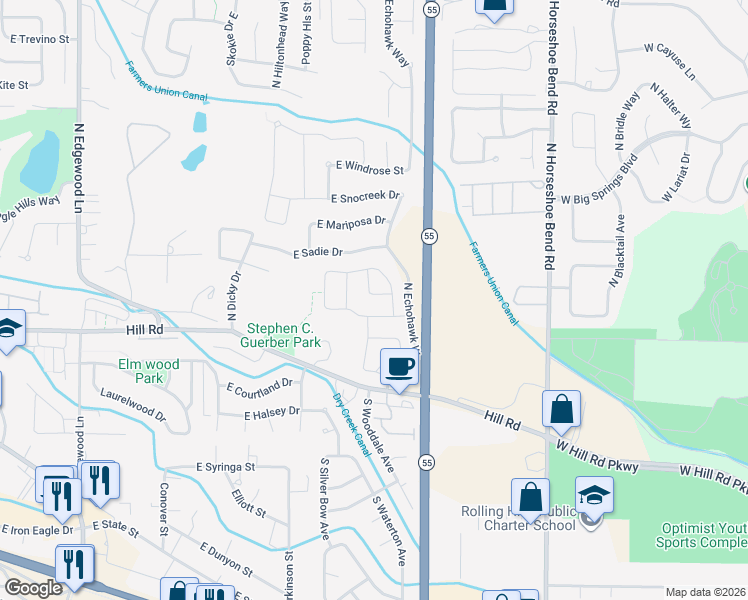 map of restaurants, bars, coffee shops, grocery stores, and more near 152 North Falling Water Avenue in Eagle
