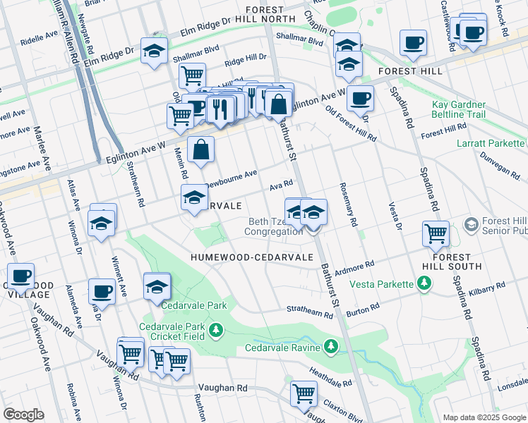 map of restaurants, bars, coffee shops, grocery stores, and more near 100 Chiltern Hill Road in Toronto