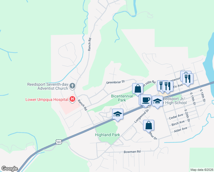 map of restaurants, bars, coffee shops, grocery stores, and more near 2965 Greenbriar Street in Reedsport