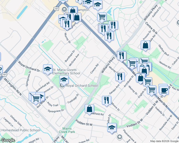 map of restaurants, bars, coffee shops, grocery stores, and more near 50 Cowan Road in Brampton