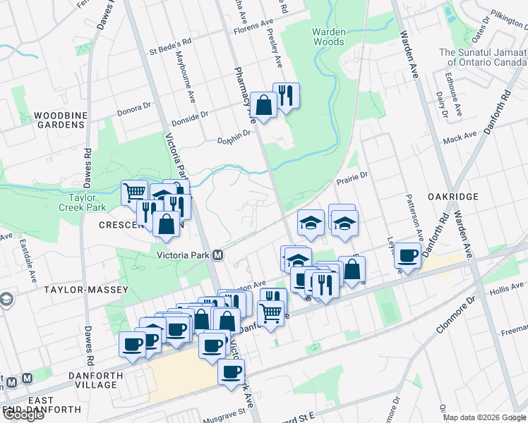 map of restaurants, bars, coffee shops, grocery stores, and more near 10 Teesdale Place in Toronto