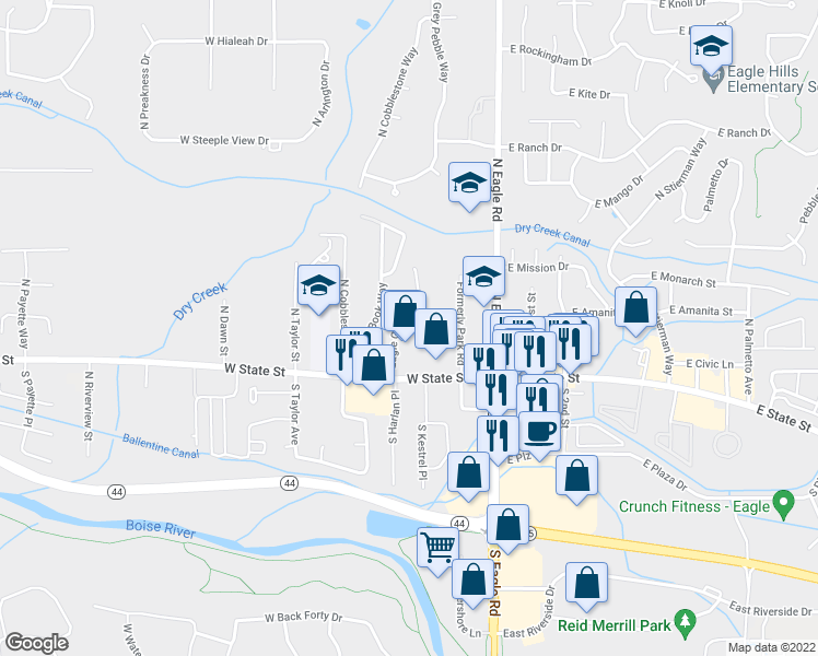 map of restaurants, bars, coffee shops, grocery stores, and more near 245 Eagle Glen Lane in Eagle