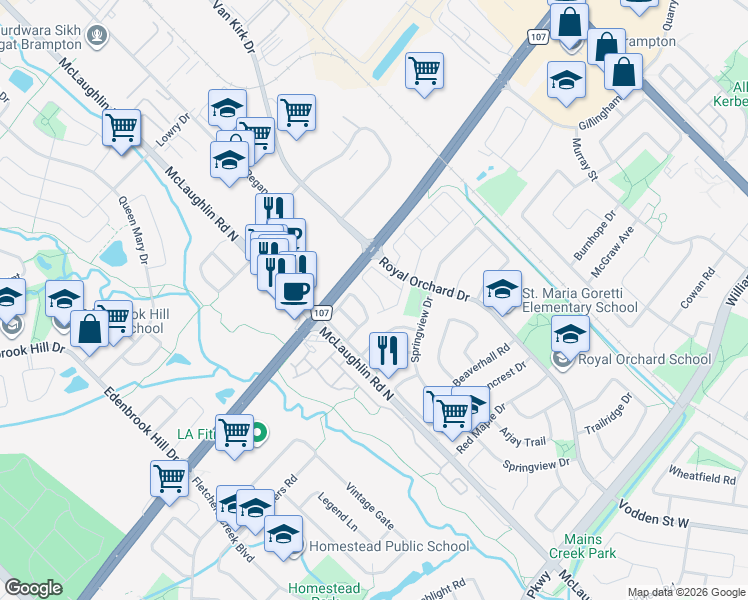 map of restaurants, bars, coffee shops, grocery stores, and more near in Brampton