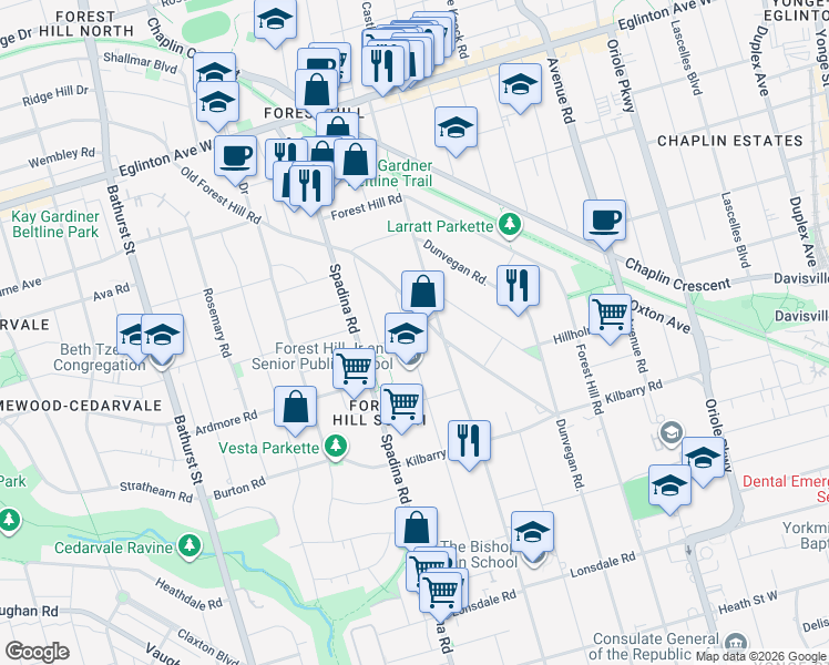 map of restaurants, bars, coffee shops, grocery stores, and more near 103 Dunloe Road in Toronto