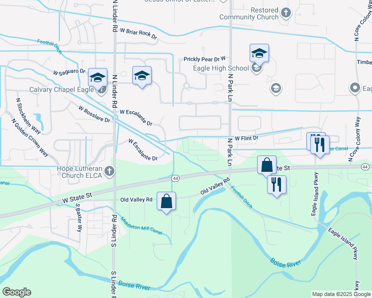 map of restaurants, bars, coffee shops, grocery stores, and more near 4162 West State Street in Eagle