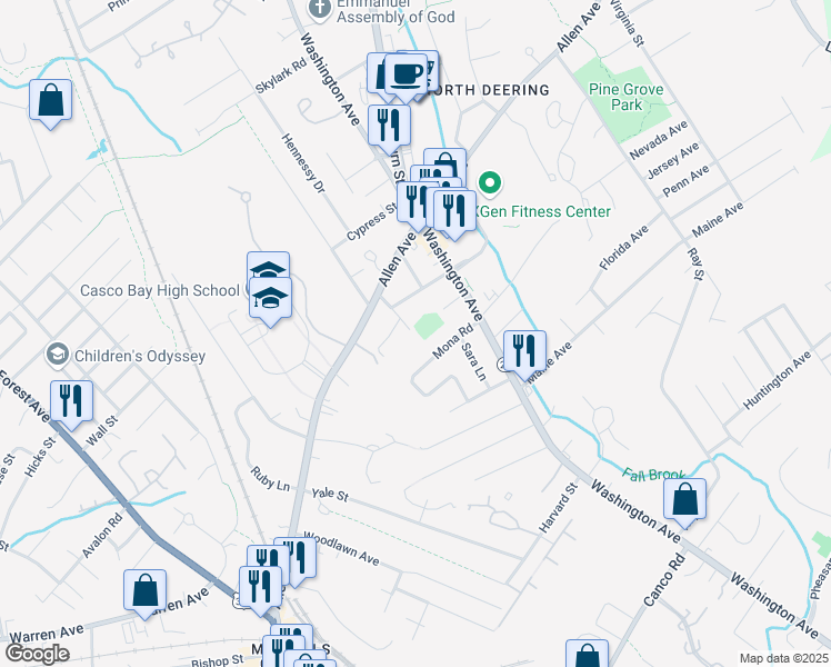 map of restaurants, bars, coffee shops, grocery stores, and more near 6 White Birch Lane in Portland