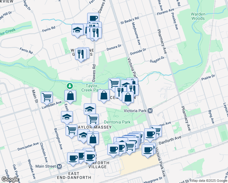 map of restaurants, bars, coffee shops, grocery stores, and more near in Toronto
