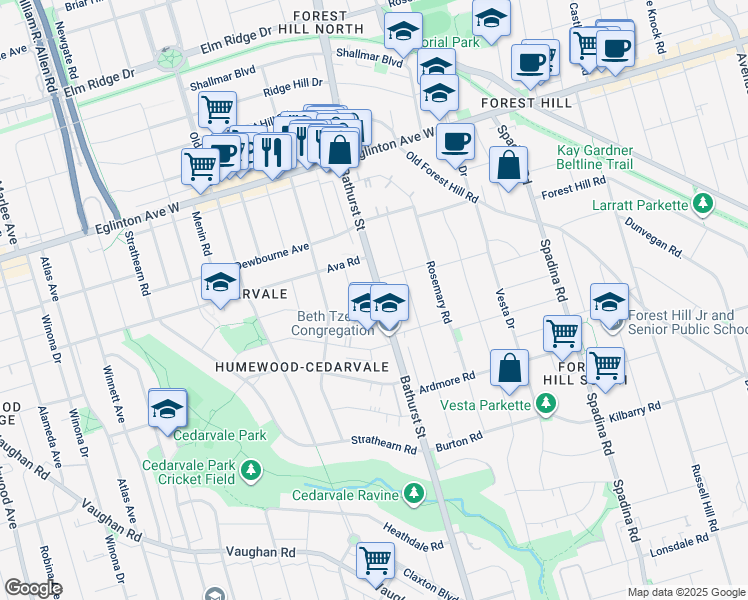 map of restaurants, bars, coffee shops, grocery stores, and more near in Toronto