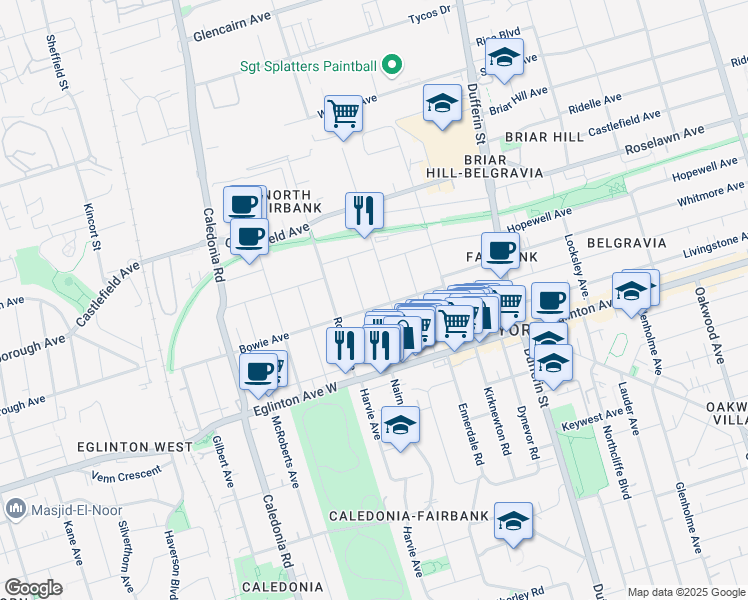 map of restaurants, bars, coffee shops, grocery stores, and more near in Toronto