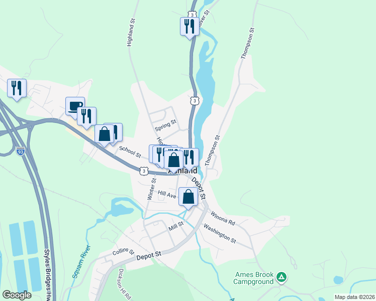 map of restaurants, bars, coffee shops, grocery stores, and more near 27 Riverside Drive in Ashland