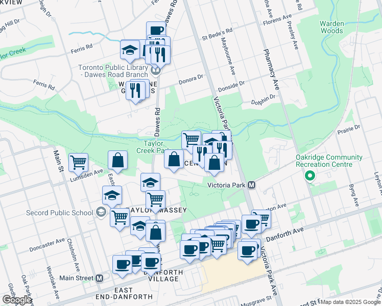 map of restaurants, bars, coffee shops, grocery stores, and more near 1 Massey Square in Toronto