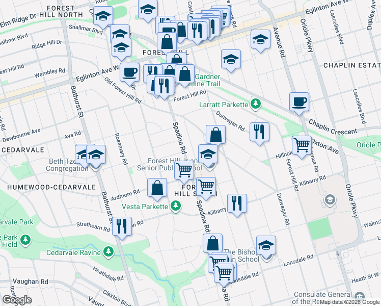 map of restaurants, bars, coffee shops, grocery stores, and more near in Toronto