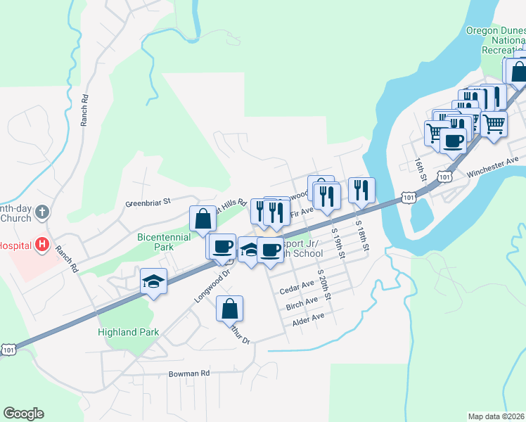 map of restaurants, bars, coffee shops, grocery stores, and more near 2192 Greenwood Avenue in Reedsport
