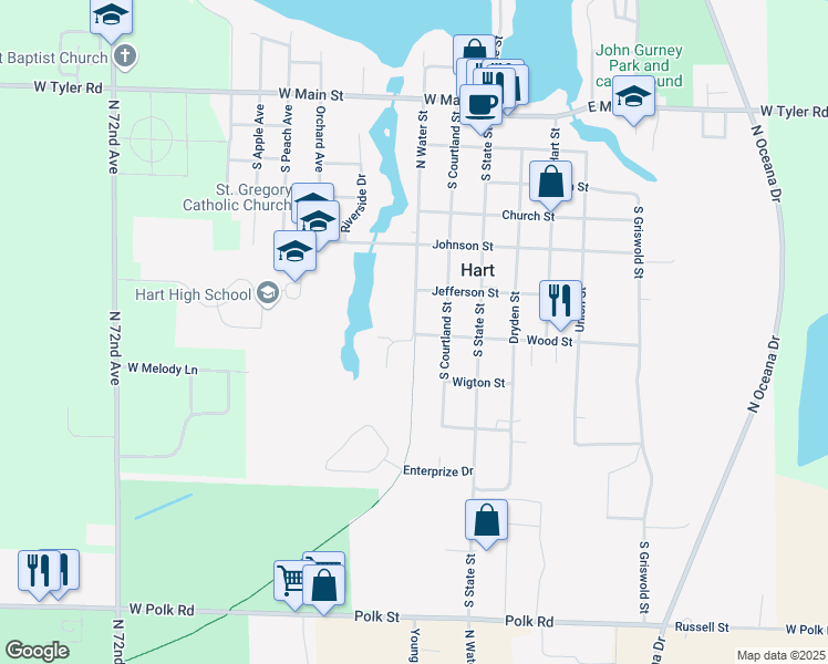 map of restaurants, bars, coffee shops, grocery stores, and more near 611 North Water Street in Hart