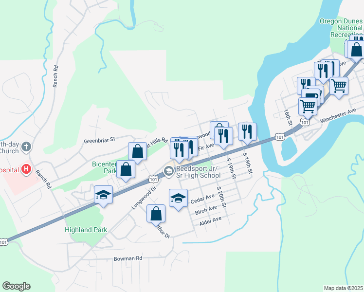map of restaurants, bars, coffee shops, grocery stores, and more near 2107 Fir Avenue in Reedsport