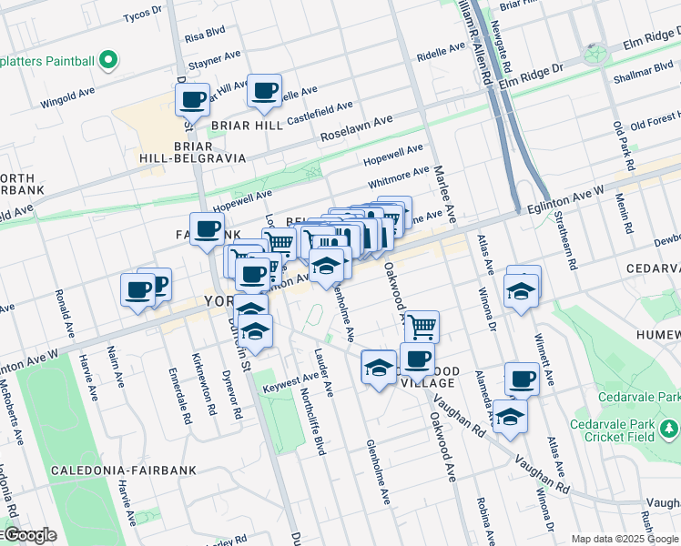 map of restaurants, bars, coffee shops, grocery stores, and more near in Toronto