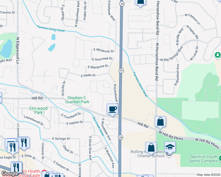 map of restaurants, bars, coffee shops, grocery stores, and more near 276 North Caracaras Way in Eagle