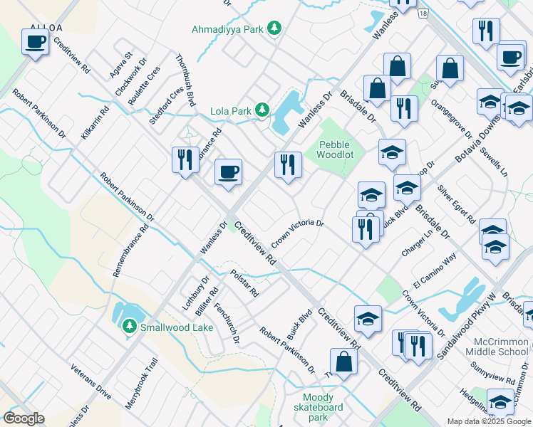 map of restaurants, bars, coffee shops, grocery stores, and more near Albery Road in Brampton