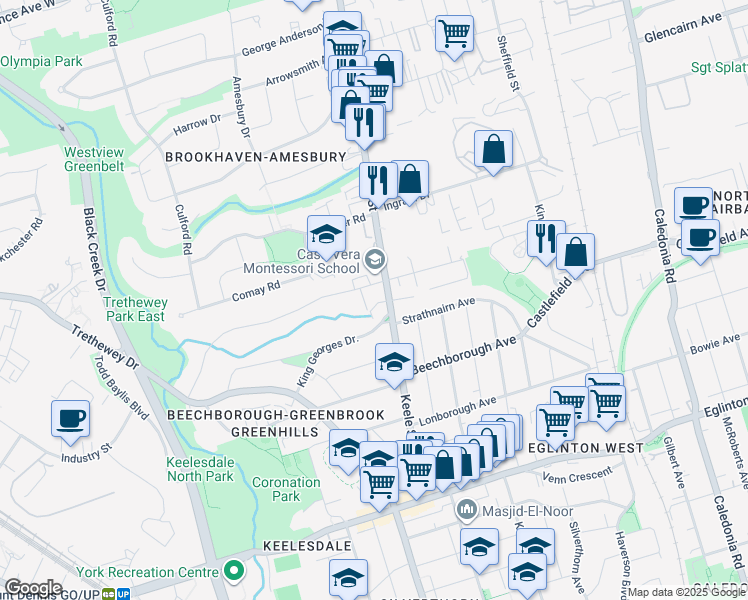 map of restaurants, bars, coffee shops, grocery stores, and more near 1970 Keele Street in Toronto