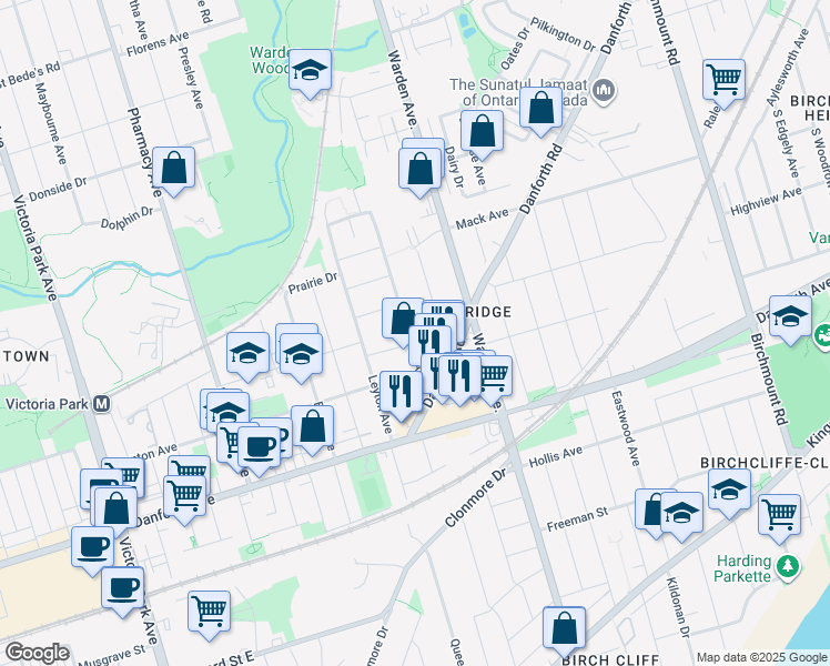 map of restaurants, bars, coffee shops, grocery stores, and more near 41 Patterson Avenue in Toronto